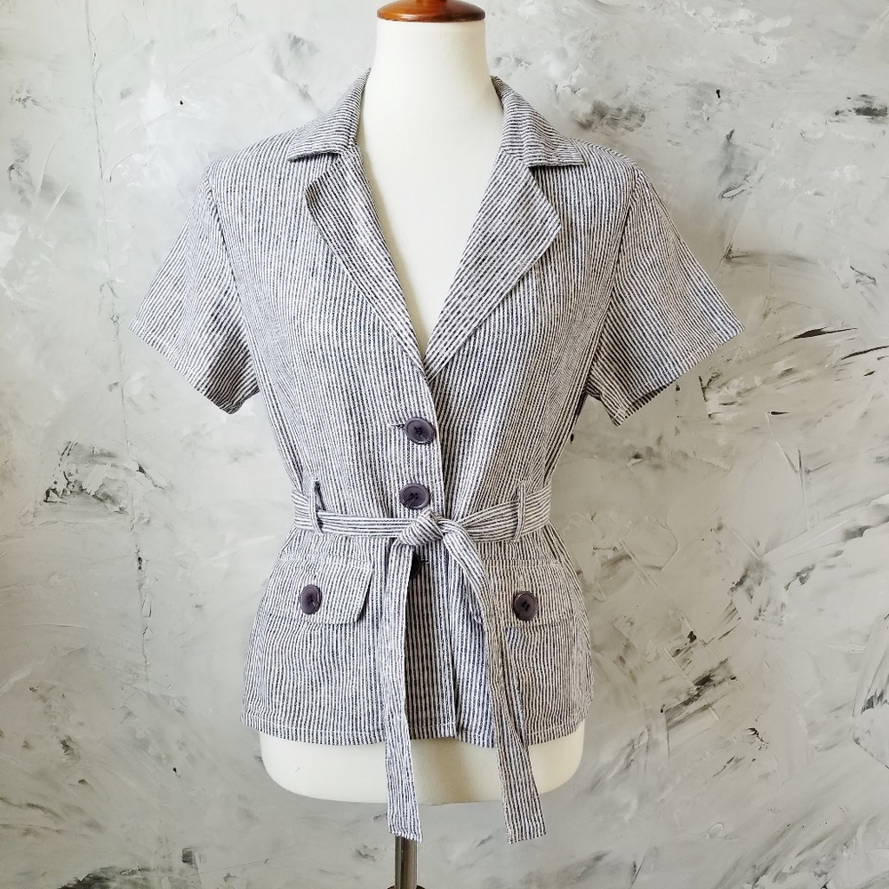 SHERRY TAYLOR Navy & White Stripped Jacket Blouse - Picture 3 of 8